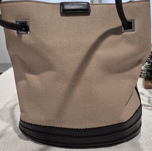 Calvin Klein Beige and Black Tote. Canvas With Leather Trim